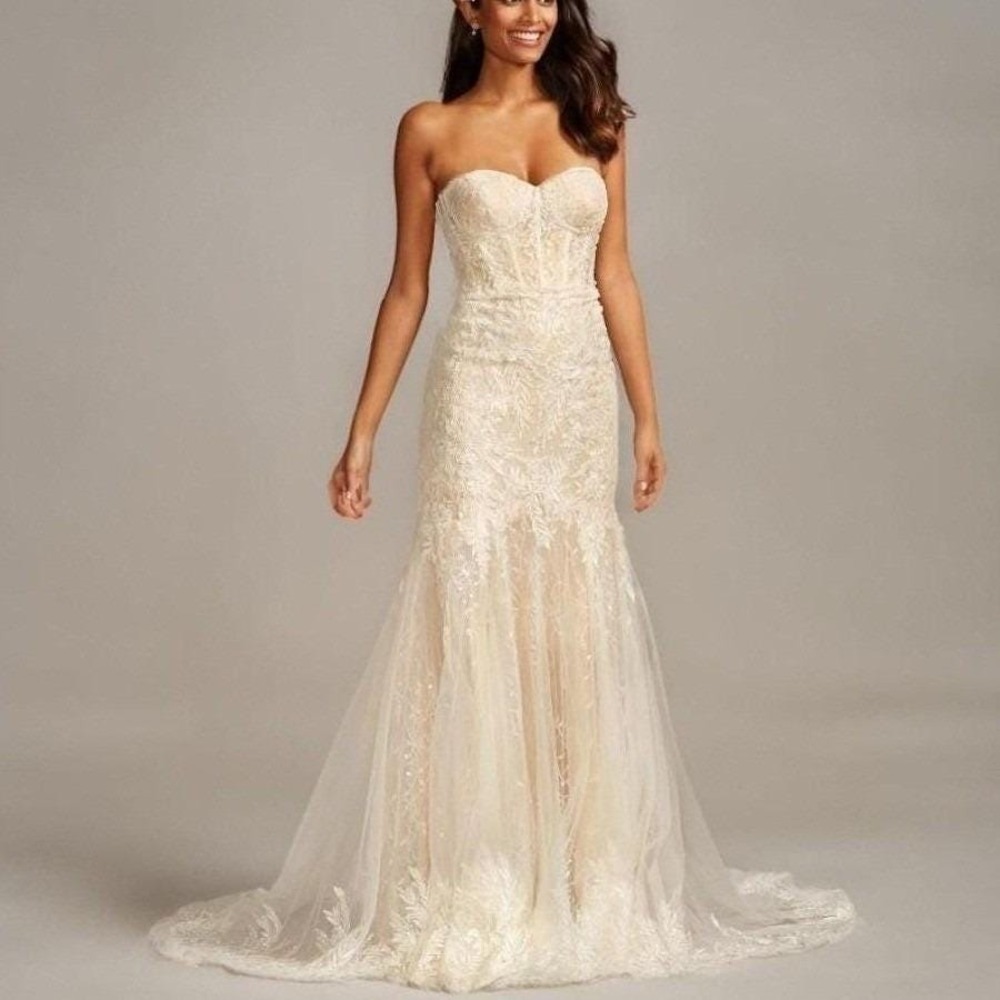 Melissa Sweet Strapless Lace Wedding Dress Size 6 White Corset Bustier Embroider